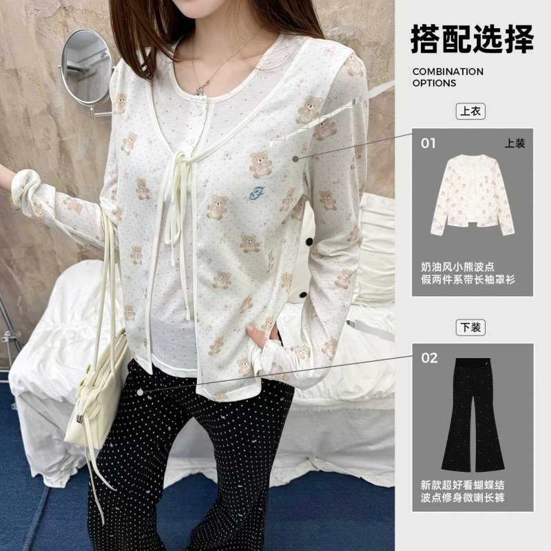 Sweet, fresh, age-reducing, elegant, cream-colored, polka-dot, faux two-piece, tie-front, versatile, casual, slimming long-sleeve cover-up Sweet, fresh, age-reducing, elegant, cream-colored, polka-dot, faux two-piece, tie-front, versatile, casual, slimming long-sleeve cover-up