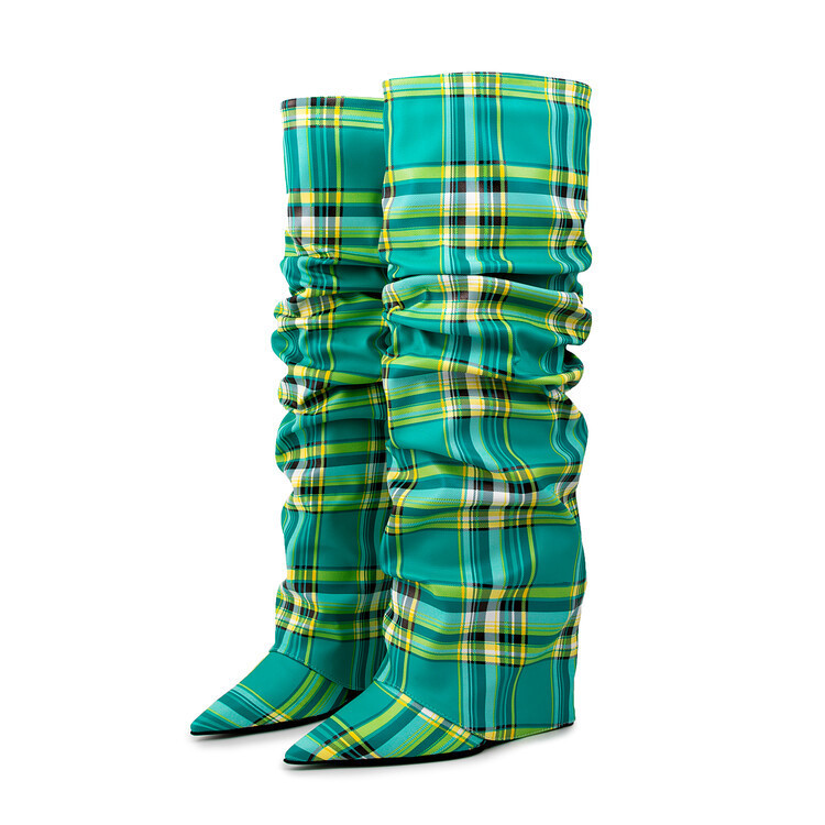 European and American Cross-Border Fashion Pointed-Toe Ruched Booties, Plaid Skirt-Style Bootshose, mm Wedge Heel Knee-High Boots, Stylish High Heels