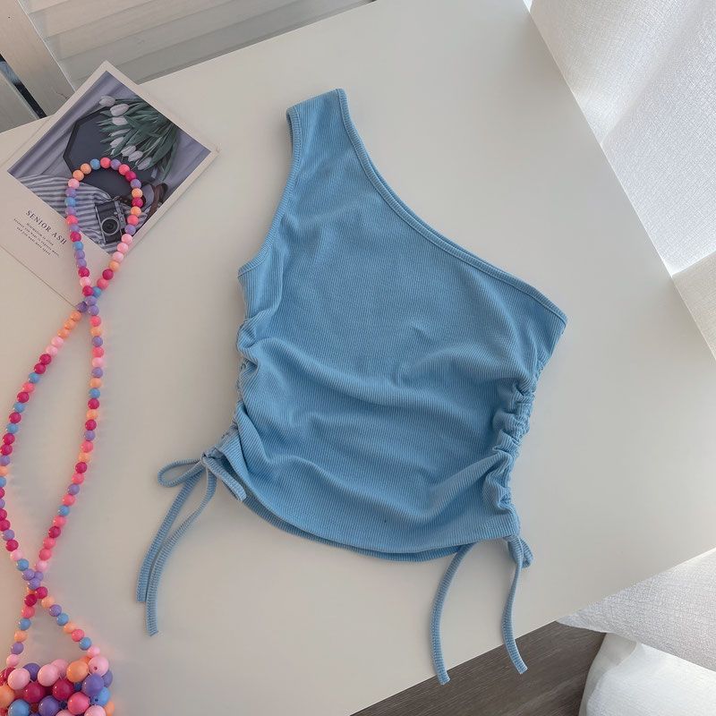 Girls' Summer Drawstring V-Neck Baremidriff Tank Top 2023 Fitted Short Top Base Layer Top New Style 0056