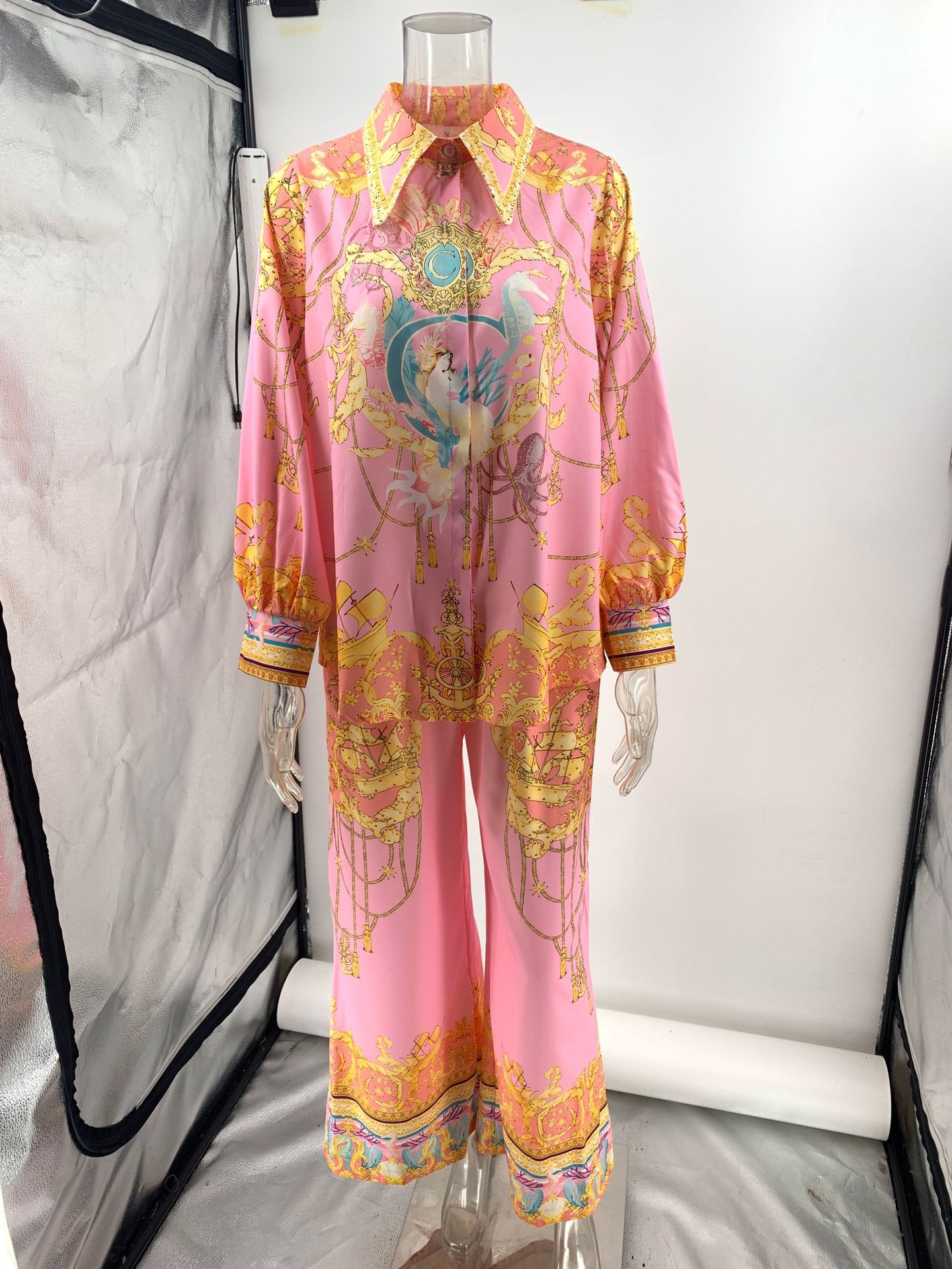 Casual Vacation Long Sleeved Pink Printed Shirt Trousers Two Piece Suit Women