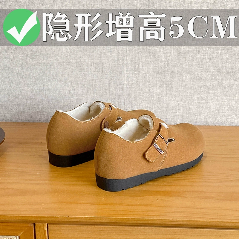 Маленькие бокенские туфли из натуральной кожи, женские осенне-зимние туфли на толстой подошве, покрытые каблуком, на флисовой подкладке, теплые плюшевые туфли с хлопковой подкладкой, скрытого роста