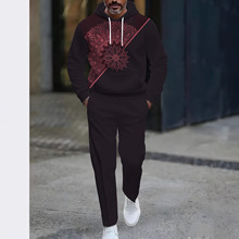 欧洲和美国休闲时尚男士连帽卫衣和喇叭裤运动套装 3d印花图案