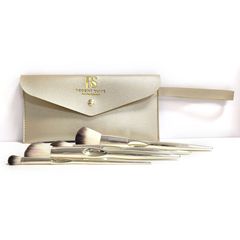 Leather Makeup Brush Organizer Bag, Portable Envelope-Style Pouch with Adjustable Strap, Champagne Gold Color, Snap-Button Design