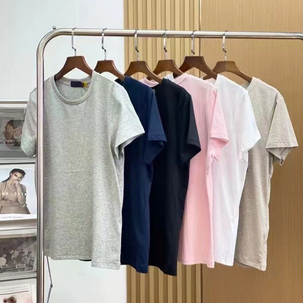 2025 Summer New Classic Right Angle Shoulder Slimming Solid Color Simple Pony Embroidery Round Neck 6 Color T-shirt Women