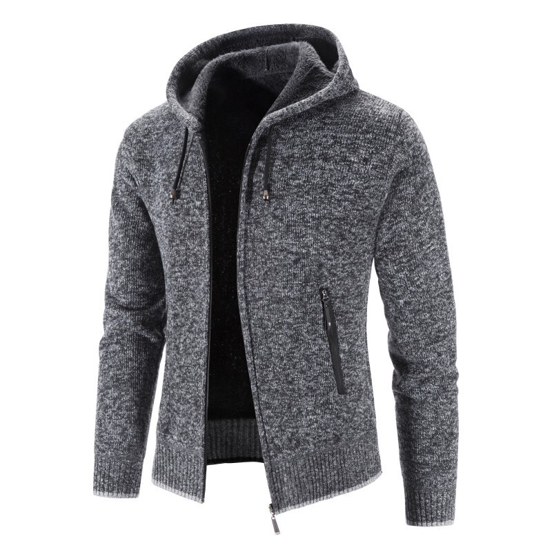 Foreign Trade 2023 New Winter Men's Slim Fit Velvet Thickeneded Knitwear Knitwear Large Size Fashion Casual Hooded Jacket