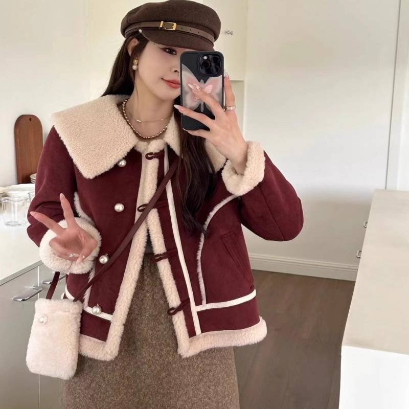 Fashion Large Lapel Lambswool Coat Women's Autumn and Winter Korean-style Loose Thickened Fur One-piece High-end Suit
