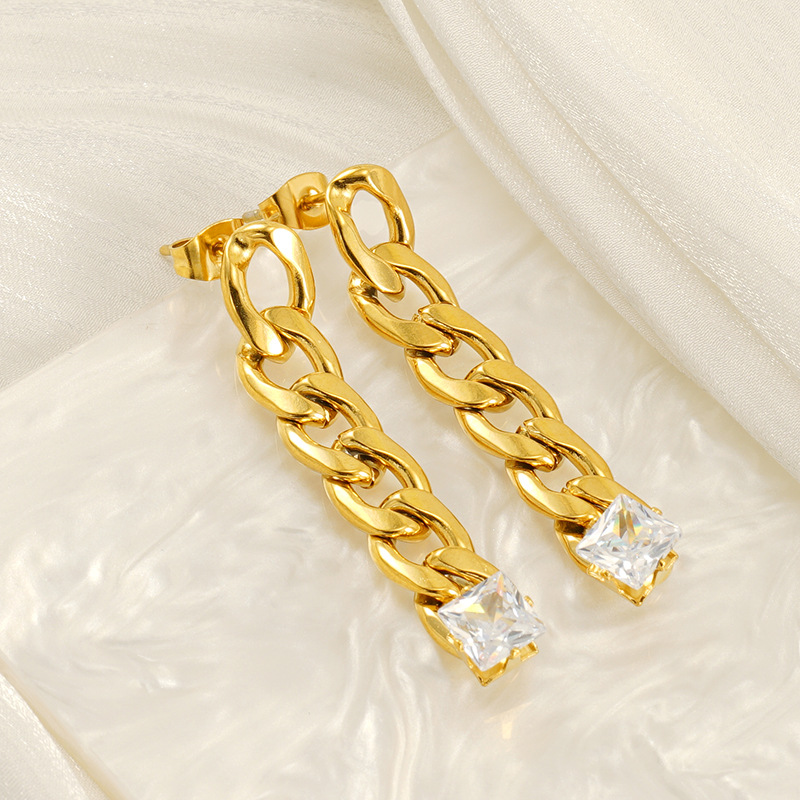2024 nueva moda transfronteriza estilo europeo y americano cadena de diseño pendientes largos cadena cubana femenina pendientes de circón chapado en oro