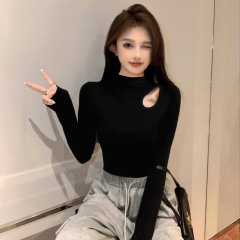 螺纹黑色镂空半高领打底衫女秋冬内搭加绒针织修身洋气长袖上衣潮