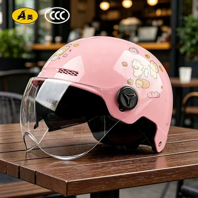 and motorcycles, national standard 3C certified – Motosiklet kaskı (dəbilqə) - glossy-double-mirror-model-pink-bread-rabbitsunshade-hidden-inner-mirror12