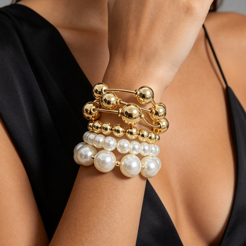 Light Luxury Style Multi-Layered Gold Bead Bracelet, European and American Style Vintage Socialite Pearl Bracelet, Unique Design Versatile for All Occasions