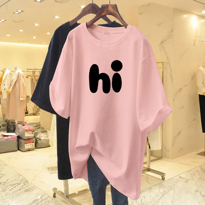 chubby girl plus size 300 Jin Cotton Short-sleeved T-shirt Women's Summer New Mid-length Loose Slim American Casual Top