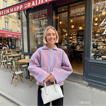 Z跨境欧美风外贸女装秋冬新款翻领宽松定位压线条纹棉衣保暖外套