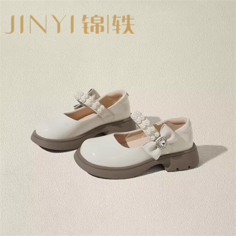 酒红色儿童皮鞋女童春秋季新款真皮珍珠吊坠软底学生单鞋演出舞蹈