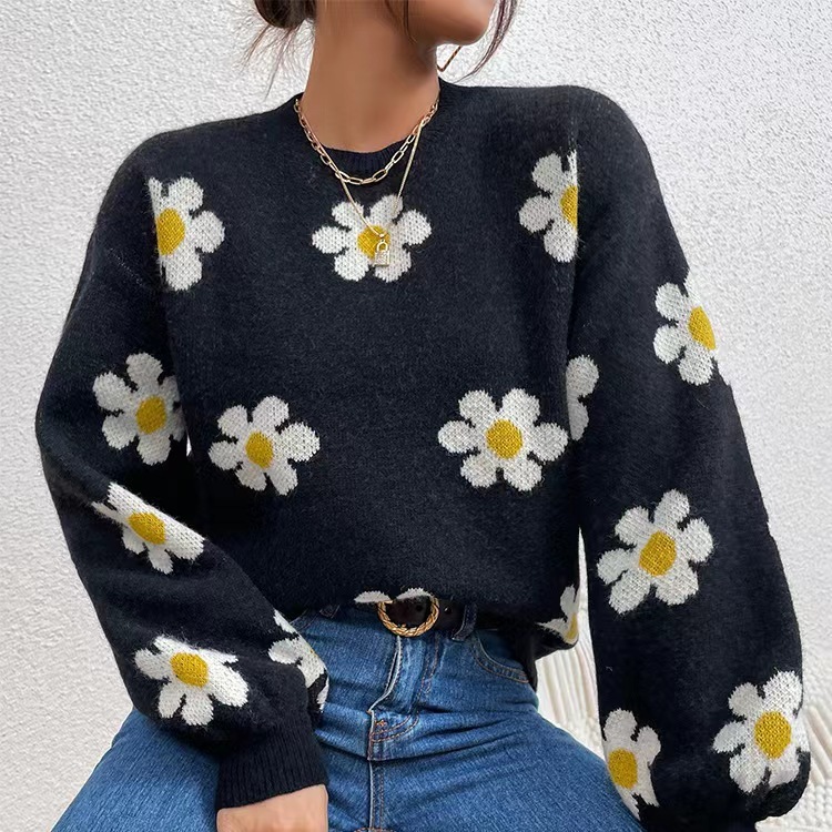 アマゾンのクロスボーダーの外国貿易の花のニットの女性の上着の長袖の秋冬の欧米の新型の丸首のセーターの女性|undefined