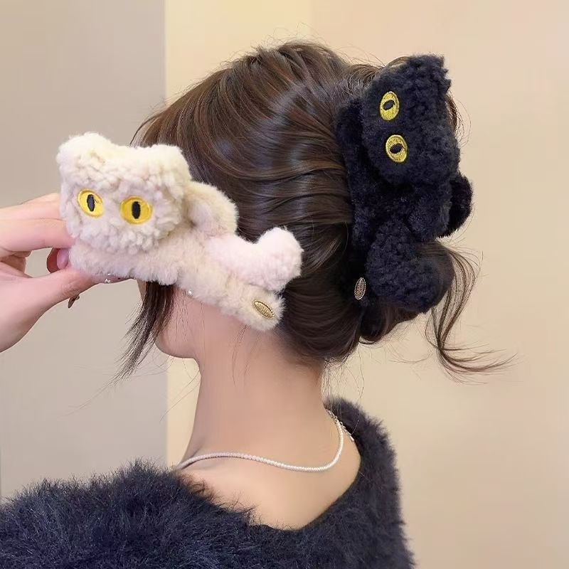 秋冬卡通可爱毛绒猫咪抓夹女气质后脑勺盘发鲨鱼夹大号发夹子头饰|undefined