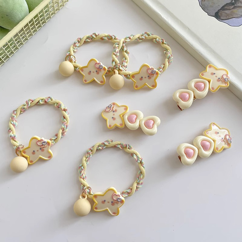 Linda cuerda de pelo de estrella de cinco puntas amarilla frente femenina flechazos pelo roto clip de pico de pato tocado banda de goma duradera elástica alta