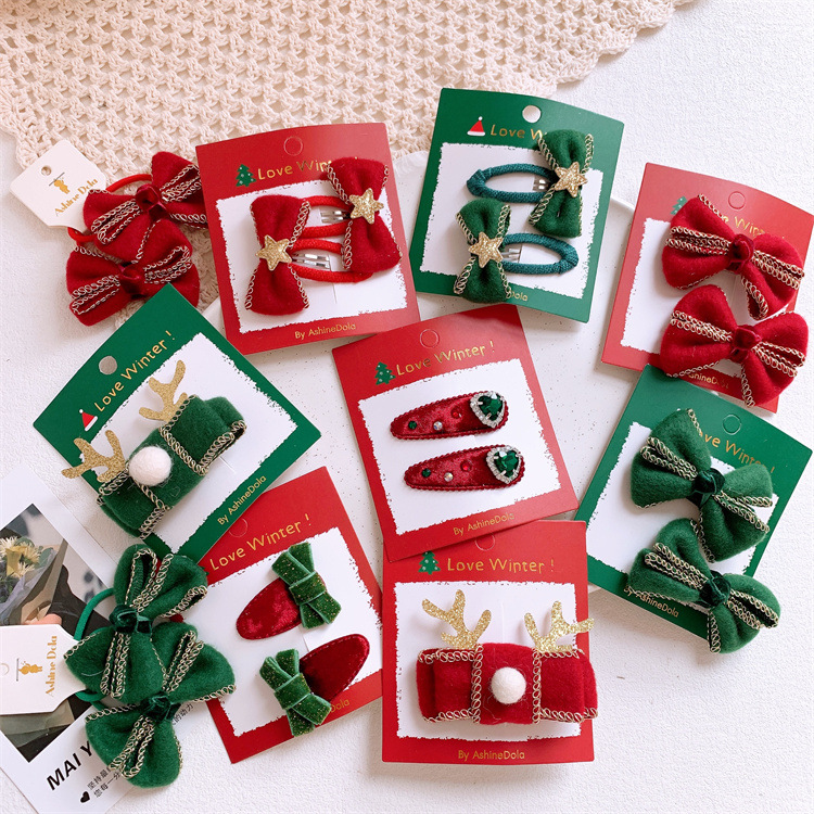 Christmas red and green bow hair clips and hair bands for children velvet BB clips hair pins for girls hair ties
