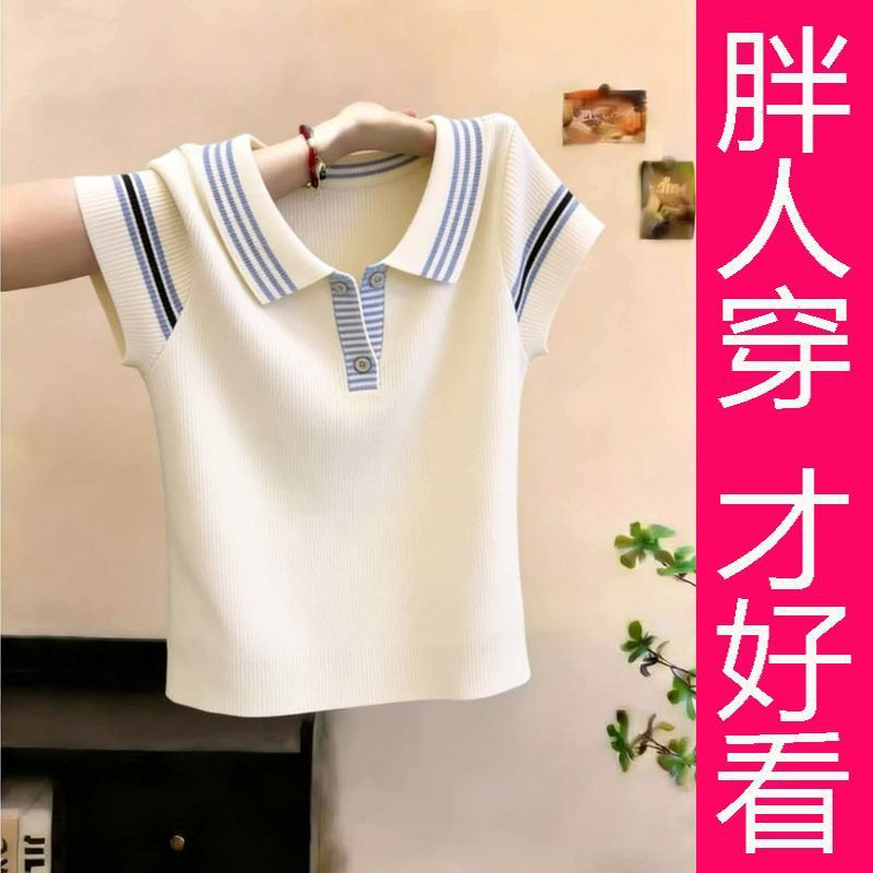 [Authentic from the Store] Large Size Korean-Style Striped Ice Silk Knit Short-Sleeve Women's Top, New Summer Fashion Versatile Top