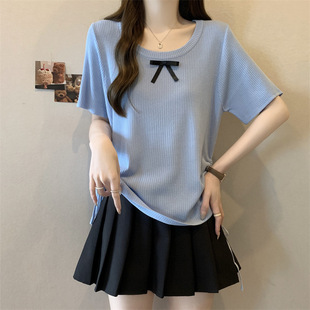Plus Size Women's Summer Fat Girl Blue Bow Drawstring Knitwear Fat mm Short-Sleeved T-Shirt