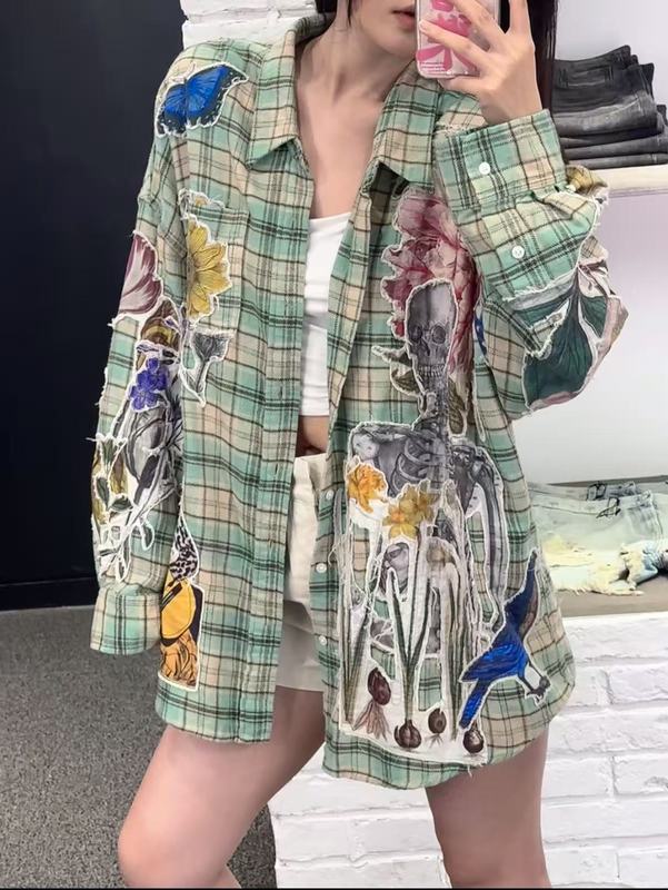 25南油新款美式花卉涂鸦印花格子格纹衬衫|undefined