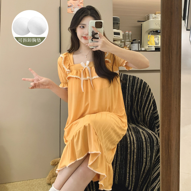 Al por mayor 2025 pijama de verano pijama de algodón princesa dulce vestido de estilo largo con cojín de pecho