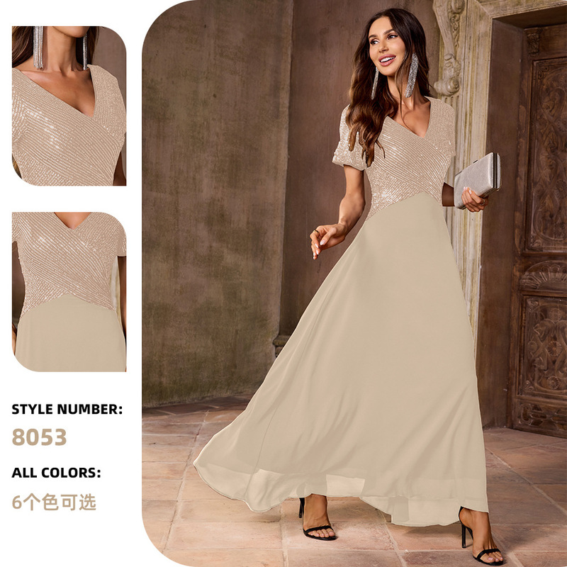 Cross-Border Amazon Sequined V-Neck Chiffon Elegant Party Dress Graduation Ball Gown Holiday Guest Wedding Dress Cross-Border Amazon Sequined V-Neck Chiffon Elegant Party Dress Graduation Ball Gown Holiday Guest Wedding Dress