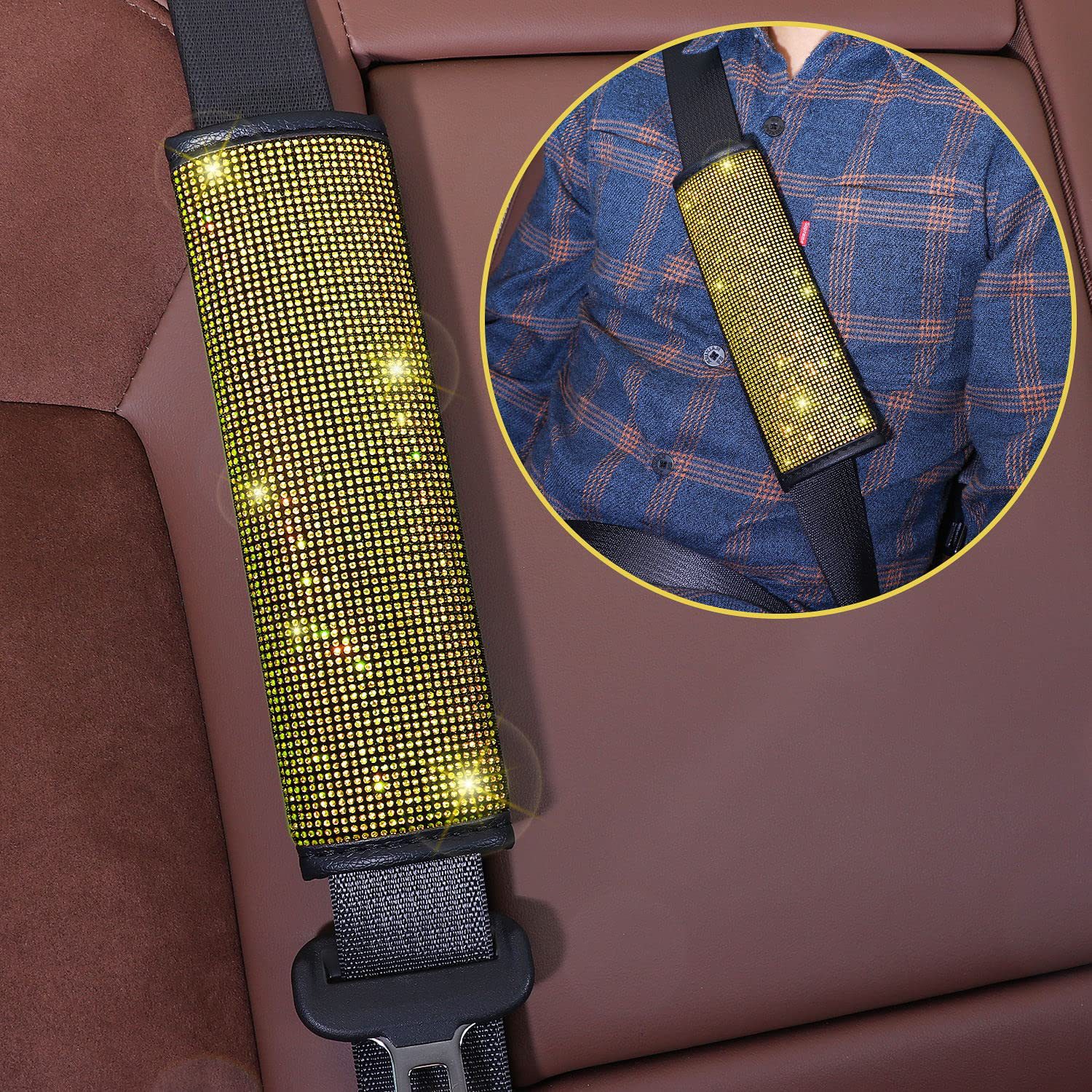 8-Piece Car Diamond-Encrusted Decorative Set: Steering Wheel Cover, Ignition Ring, Seat Belt Shoulder Pads, Cup Mat, Gear Shift Cover