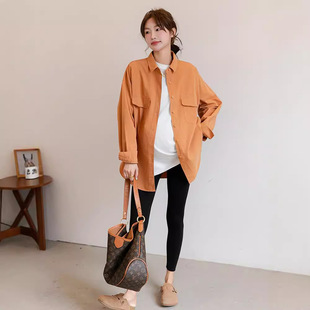 Spring Autumn Winter Pregnant Women's Clothing Korean Style Double Pocket Pregnant Women's Shirt Loose Midi plus size Casual Long Sleeve Shirt Jacket
