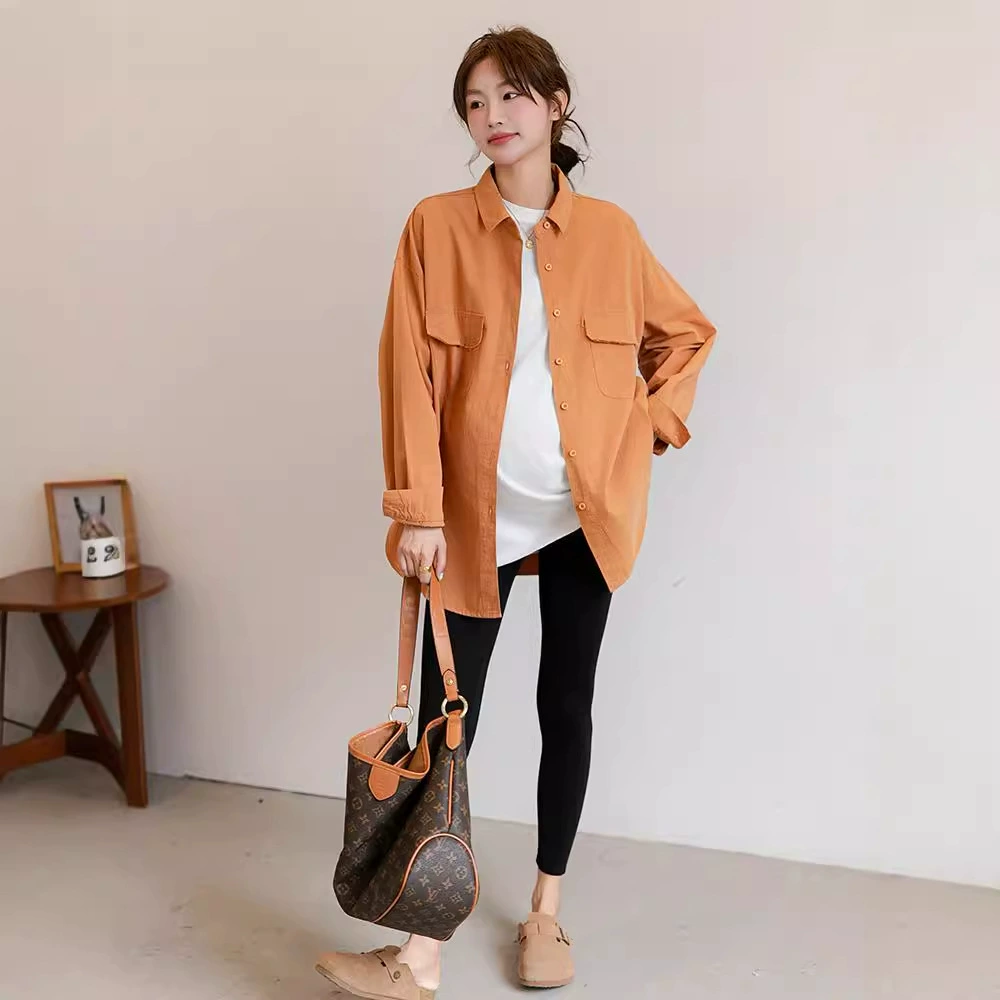 Весенний и Осенний Одежда для беременных Корейская версия двойной карманный рубашка для беременных свободная средняя длинная повседневная рубашка с длинными рукавами большого размера