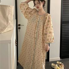 法式浪漫拼色小碎花长袖睡裙秋季新款复古纯棉宽松睡衣家居套装女
