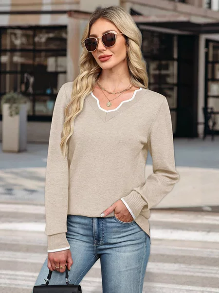 2026 Autumn New Cross-Border Knitted Long-Sleeve Sweater Women's European and American V-Neck Pullover Fashion Versatile Top