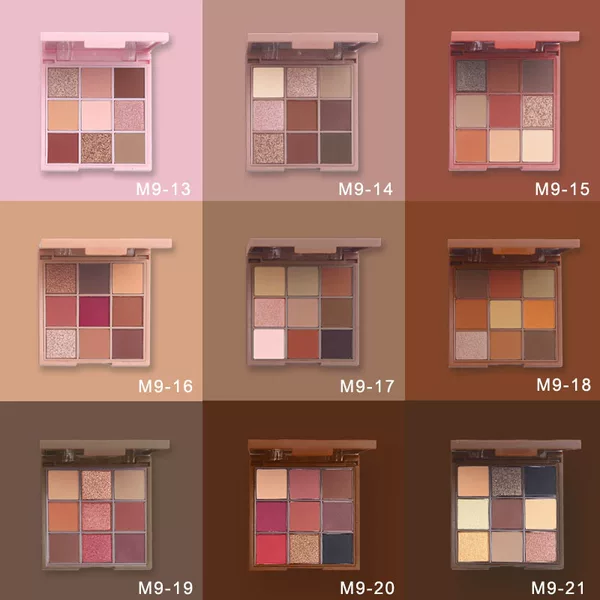 Cross-border nine-color eyeshadow palette, featuring matte, shimmer, and fine glitter finishes, with earthy tones and multiple color combinations, supports OEM customization and logo printing, and is currently in stock