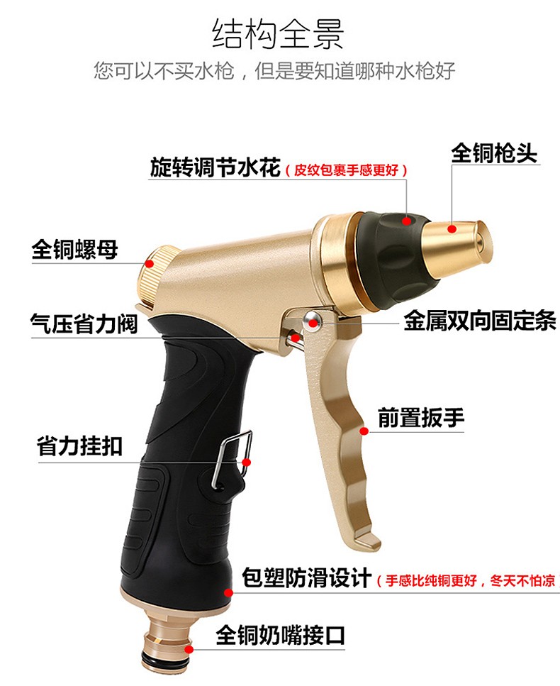 Household high-pressure car wash water gun with thickened latex telescopic hose, flower watering hose, faucet connection, explosion-proof and frost-resistant set