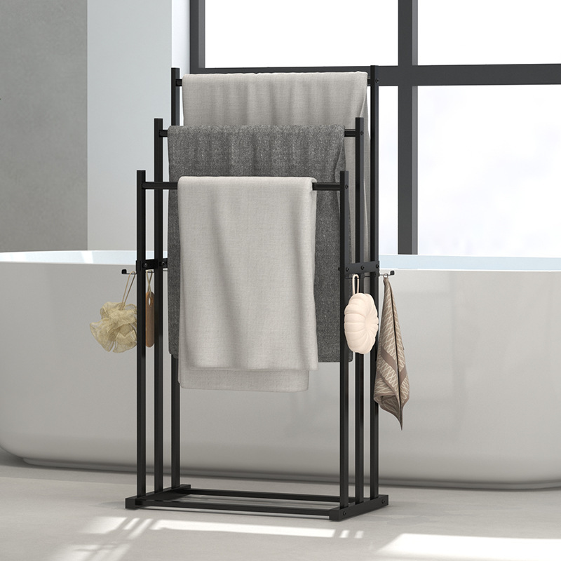 Freestanding 3-Tier Towel Rack with Hooks Space-Saving Bath/Shower Vertical Bar Holds Multiple Towels