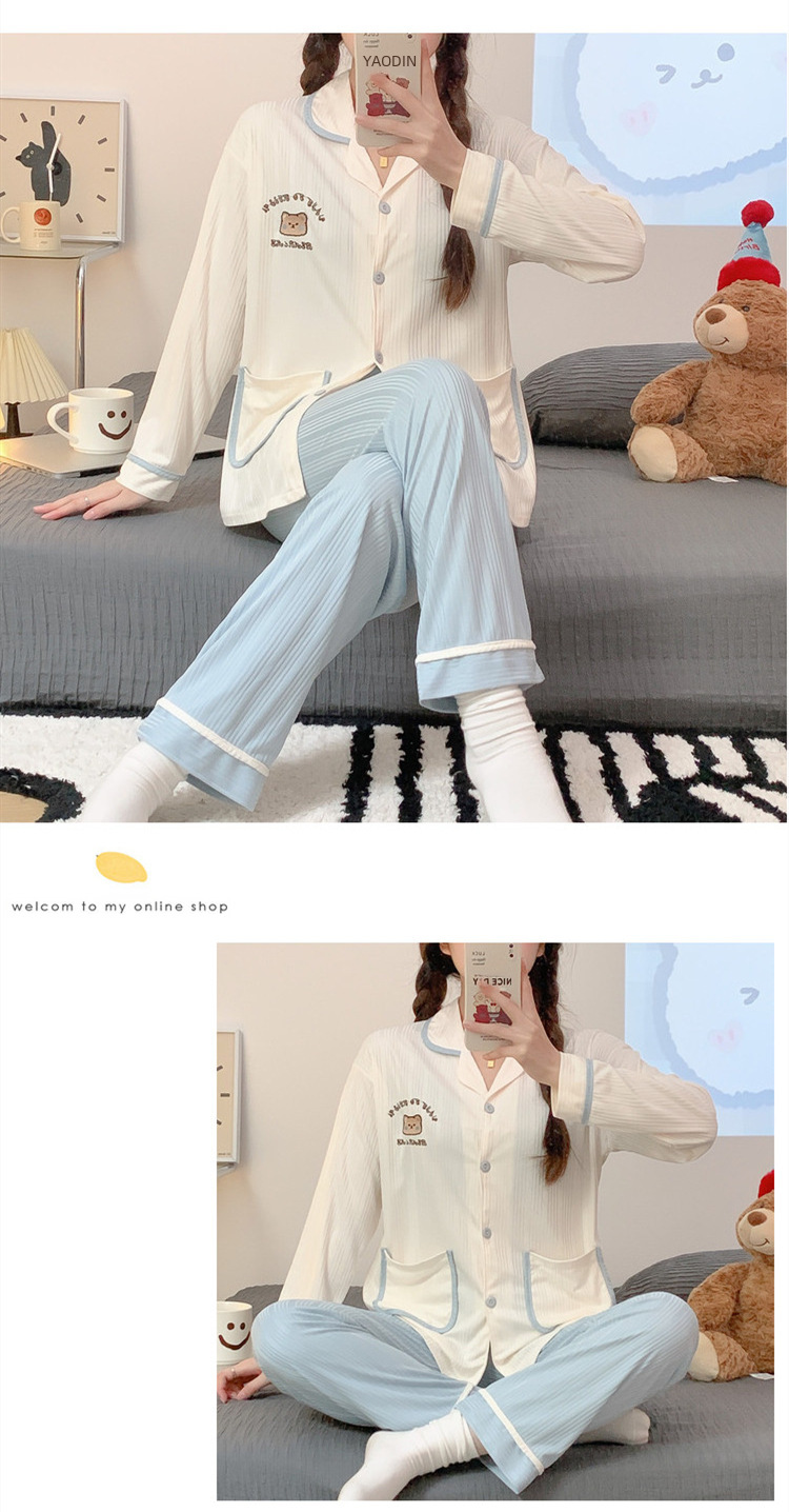 Sweet cartoon embroidered bear girl sweet spring and autumn long-sleeved trousers cardigan milk silk pit foreign trade suit_voghion.com