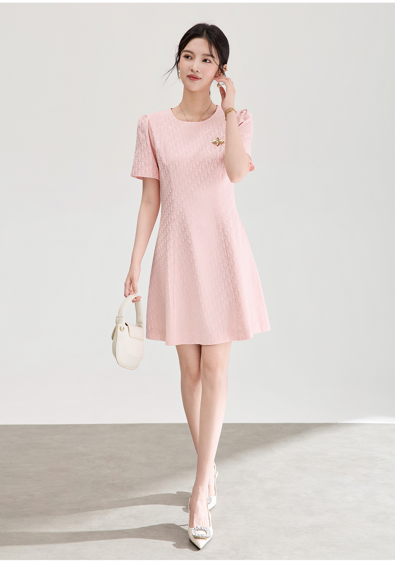 Đầm ngắn tay thắt eo jacquard kiểu dáng thanh lịch mùa hè — màu hồng chi tiết 4