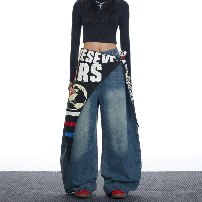 Customized Jeans American Retro Detachable Apron Triangle Scarf Loose Scimitar Pants Street Dance Jazz Trousers Trendy