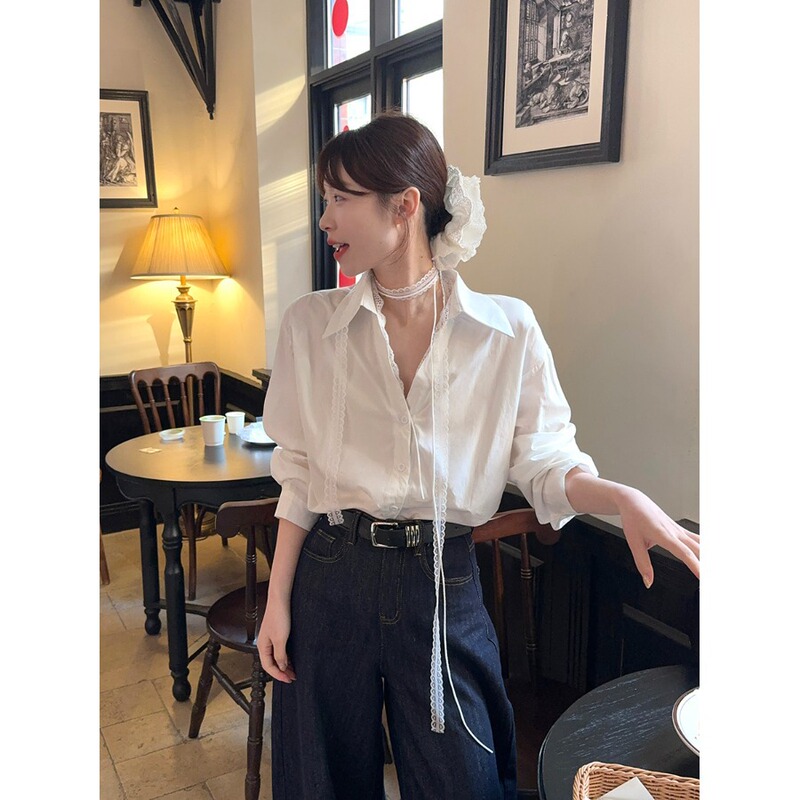 胖mm大码POLO领系带衬衫女春季蕾丝洋气宽松别致衬衣长袖外穿上衣|undefined