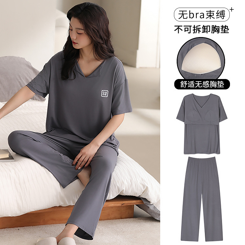 Women's Summer Pajama Set with Bralette, Modal Thin Short-Sleeve Pants, Solid Color Simple Casual Homewear Two-Piece Set