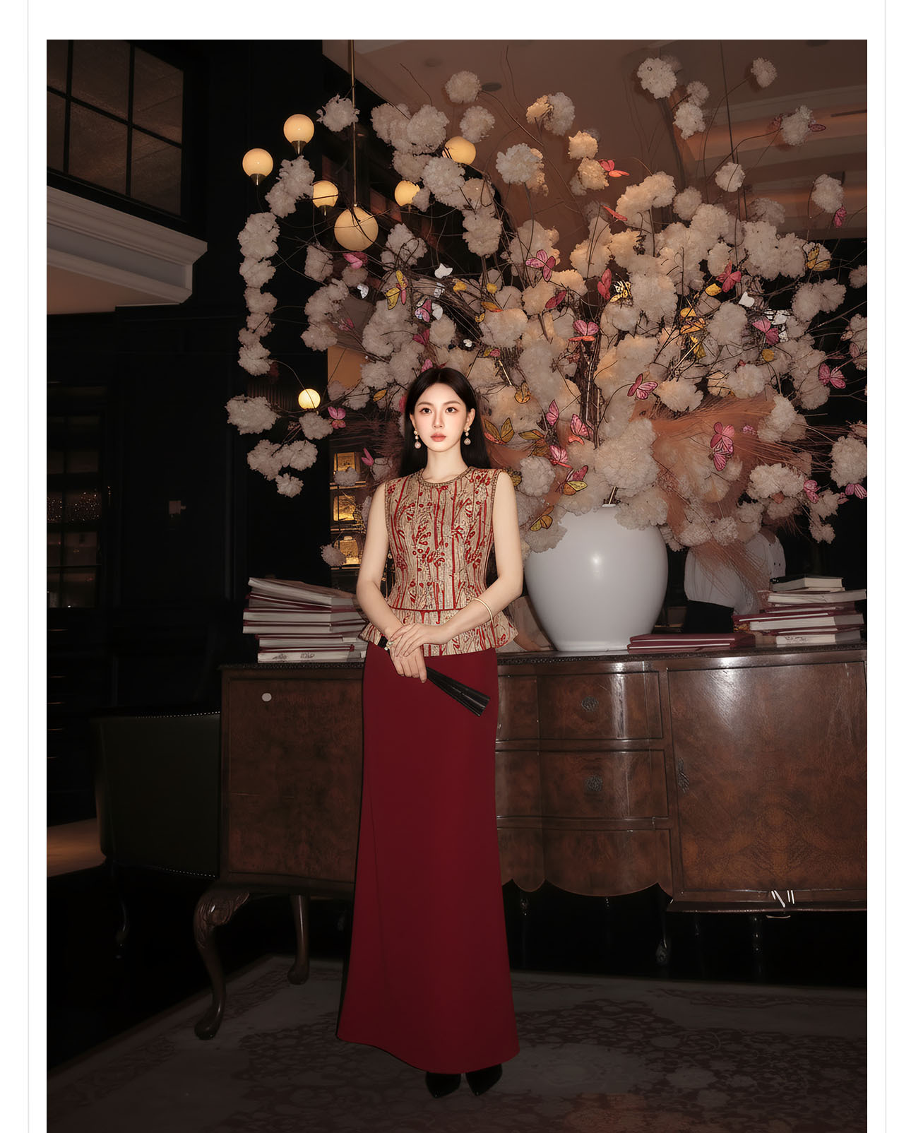 Set áo vest không tay và chân váy midi họa tiết thêu hoa văn cổ điển Trung Hoa — bộ đồ, nửa váy, Trang chủ chi tiết 6