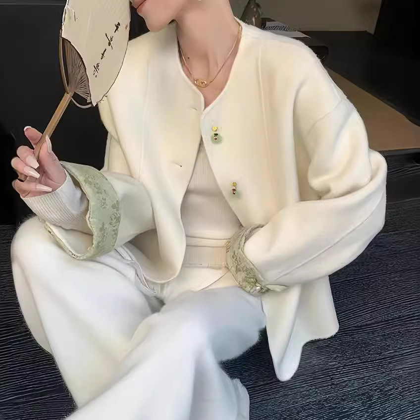 Chinese-Style Double-Sided Cashmere Coat, Vintage New Chinese-Style Woolen Coat for Women, Color-Blocking Design, Loose Fit