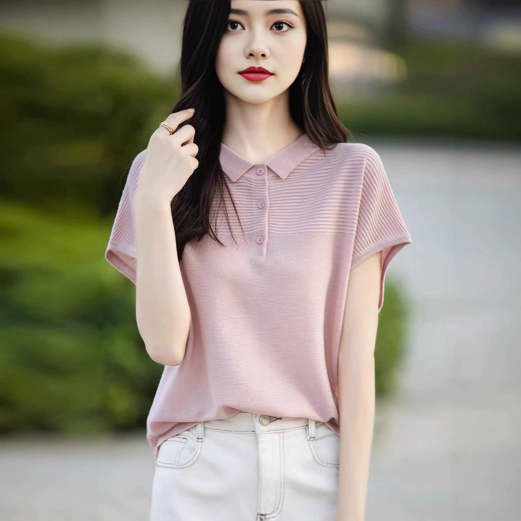 Summer silk knitted solid sweater, 25 years, polo collar, with short sleeve, oversize