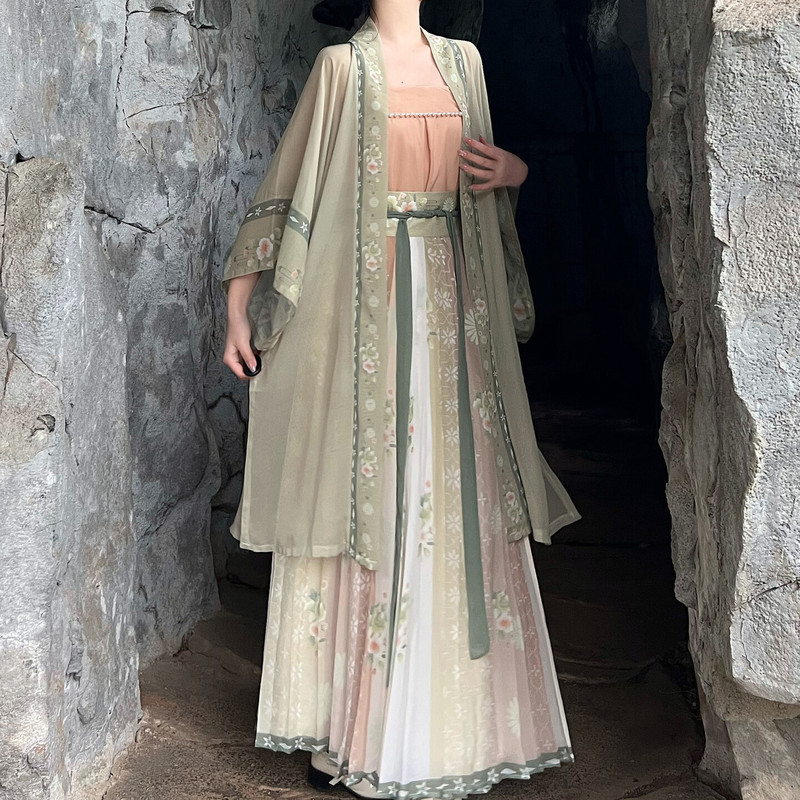 Original Hanfu for women, Qinghe Song-style printed Changgan Temple high-waisted pleated skirt, fresh everyday spring, summer, autumn outfit