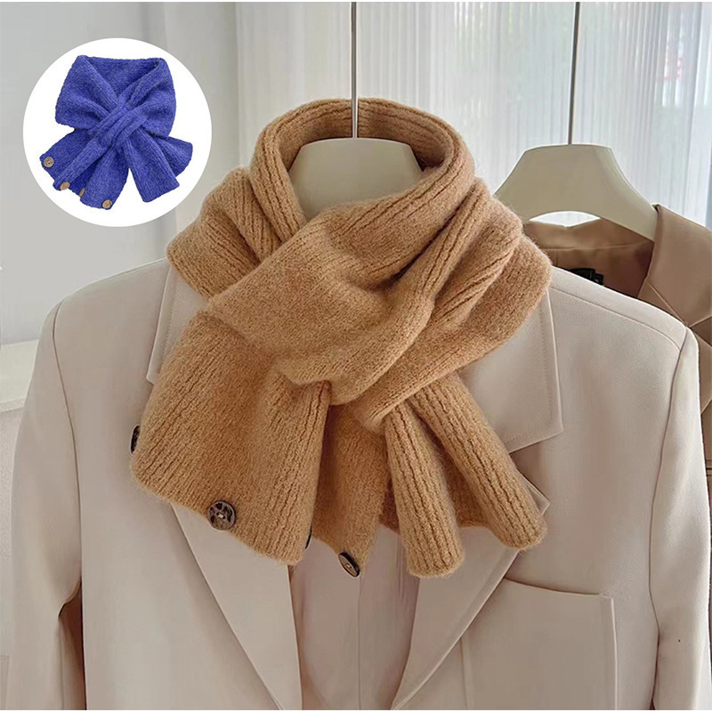 Short women's scarf for autumn and winter, cross-knit neck warmer, Korean style solid color scarf, warm neck protector with buttons for winter