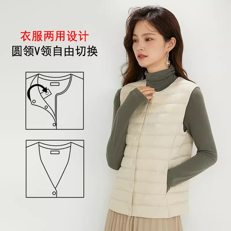 여성용 다운 조끼, 가볍고 얇은 화이트 오리 다운 안감, 짧은 따뜻한 라운드 넥 칼라리스 가을 겨울 V 넥 대형 조끼