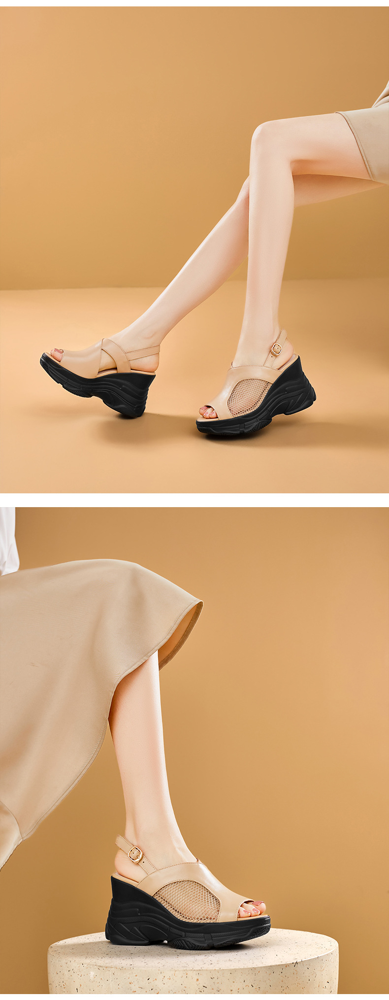 Sandal nữ hở mũi đế xuồng gót cao 9 cm, da bò lưới phối miệng cá — Màu trắng be chi tiết 5