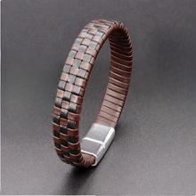 跨境个性双色编织男士真皮手链金属扣手工编织工艺百搭配饰袖扣