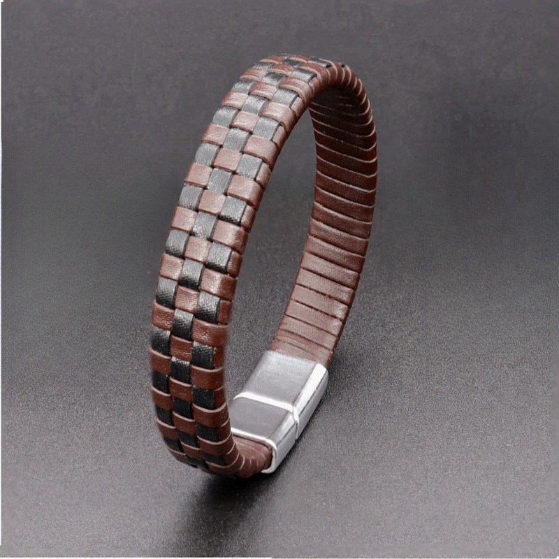 跨境个性双色编织男士真皮手链金属扣手工编织工艺百搭配饰袖扣