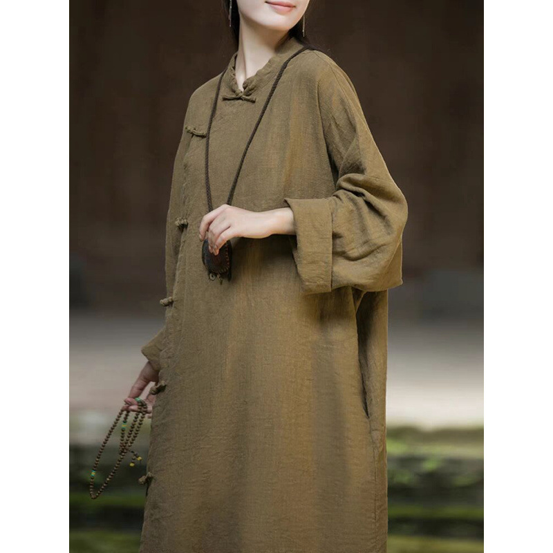 早秋苎麻新中式连衣裙女新款禅修居士服棉麻复古禅意偏襟袍子|undefined