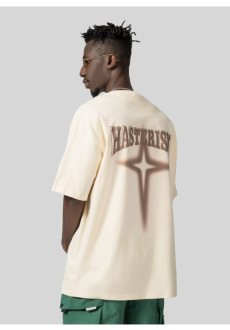 American High Street Fashion Brand T-shirt Men's Short Sleeve Star Print Loose Oversize Off Shoulder Cotton Round Neck_voghion.com